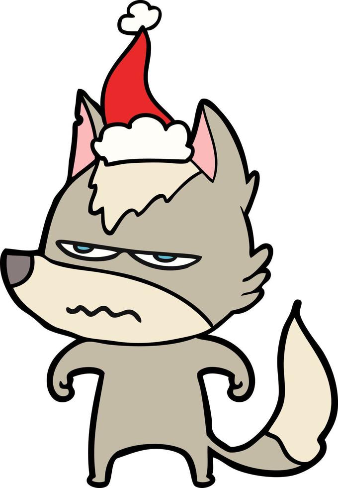 line drawing of a annoyed wolf wearing santa hat vector