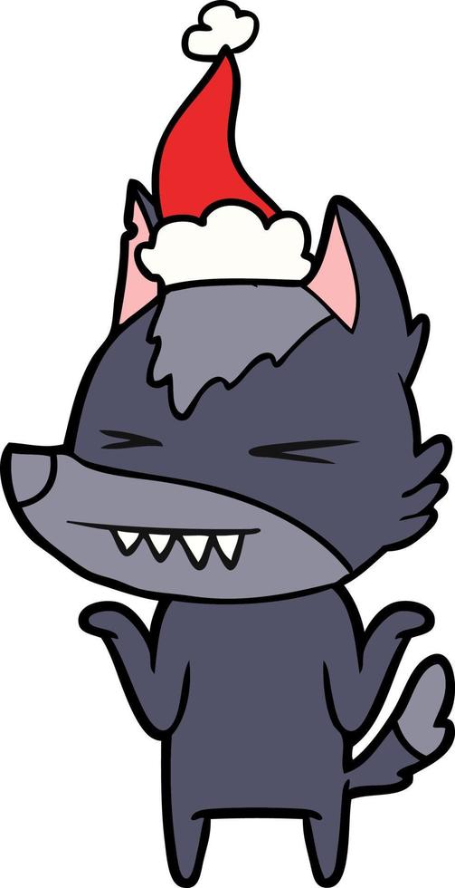 angry wolf line drawing of a wearing santa hat vector