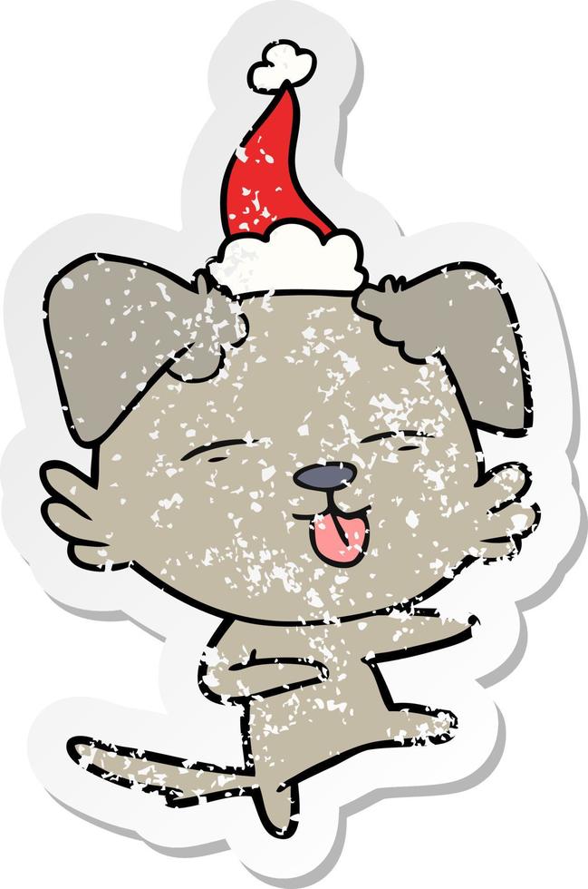 pegatina angustiada caricatura de un perro bailando con gorro de Papá Noel vector