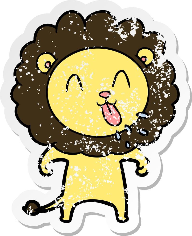 distressed sticker of a happy cartoon lion vector