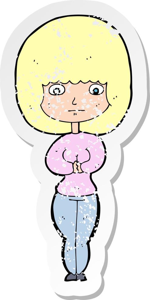 retro distressed sticker of a cartoon shy woman vector