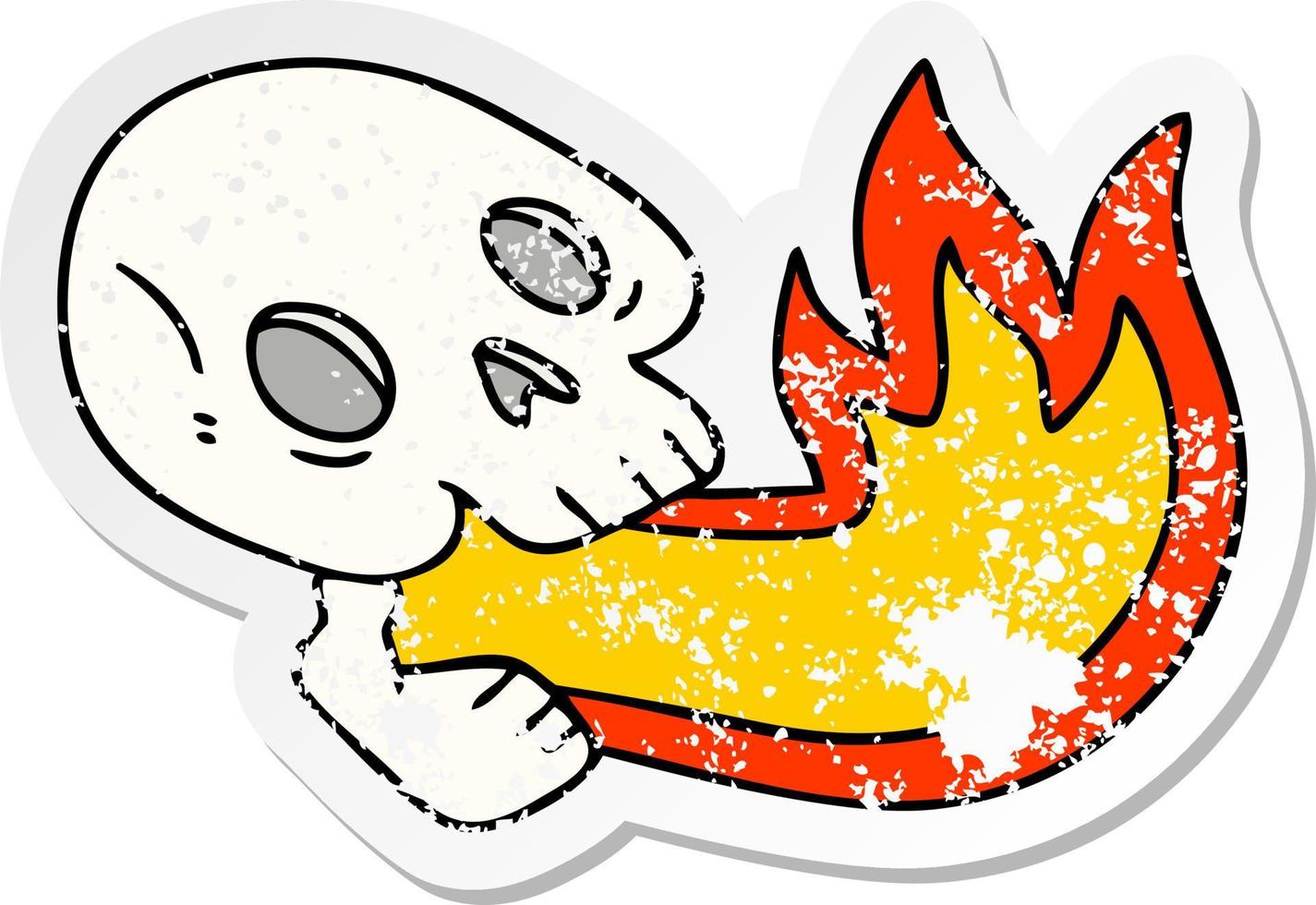 distressed sticker of a fire breathing quirky hand drawn cartoon skull vector