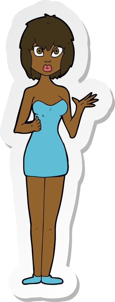 pegatina de una mujer confundida de dibujos animados en vestido de cóctel vector
