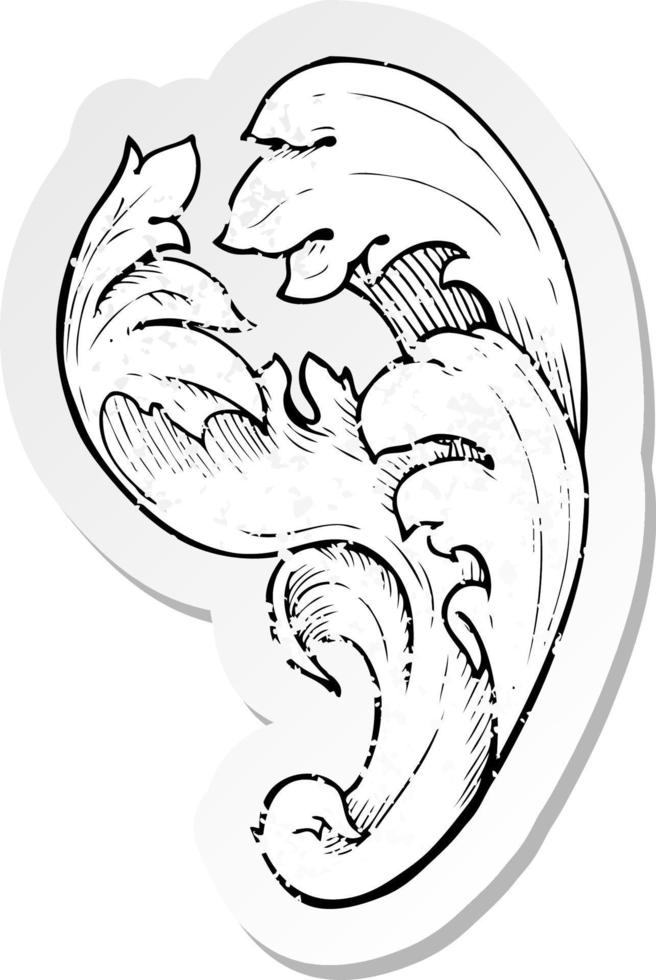 retro distressed sticker of a traditional hand drawn floral swirl vector