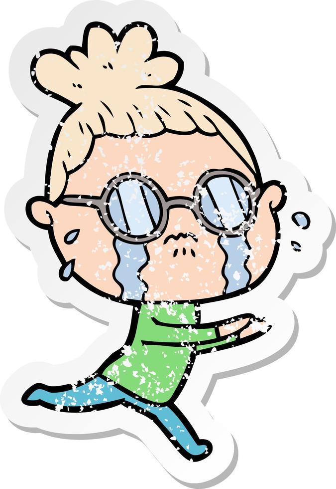 distressed sticker of a cartoon crying woman wearing spectacles vector