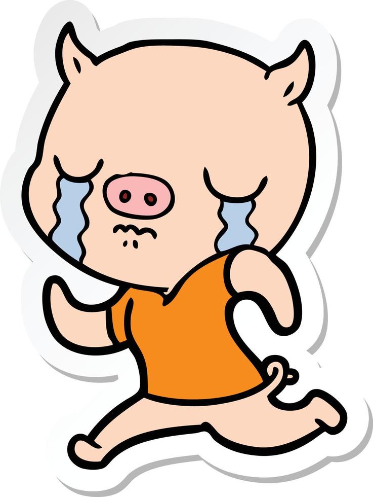 sticker of a cartoon pig crying running away vector