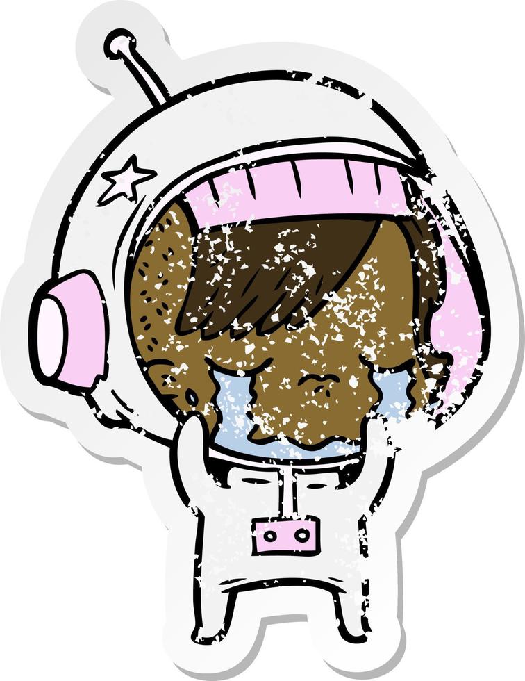 pegatina angustiada de una niña astronauta llorando de dibujos animados vector