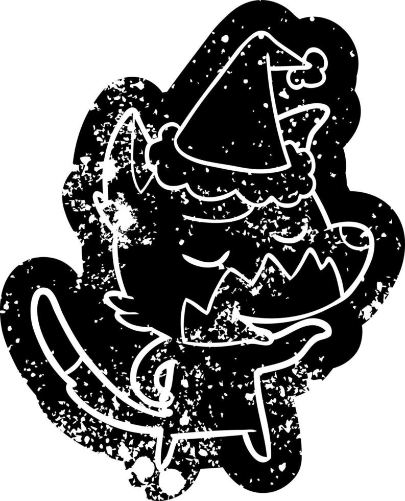 friendly cartoon distressed icon of a fox wearing santa hat vector