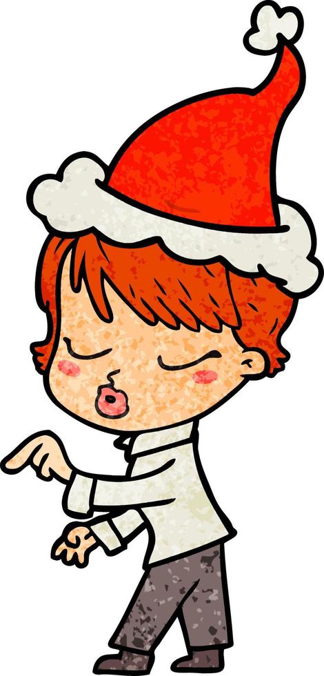 textured cartoon of a woman with eyes shut wearing santa hat vector