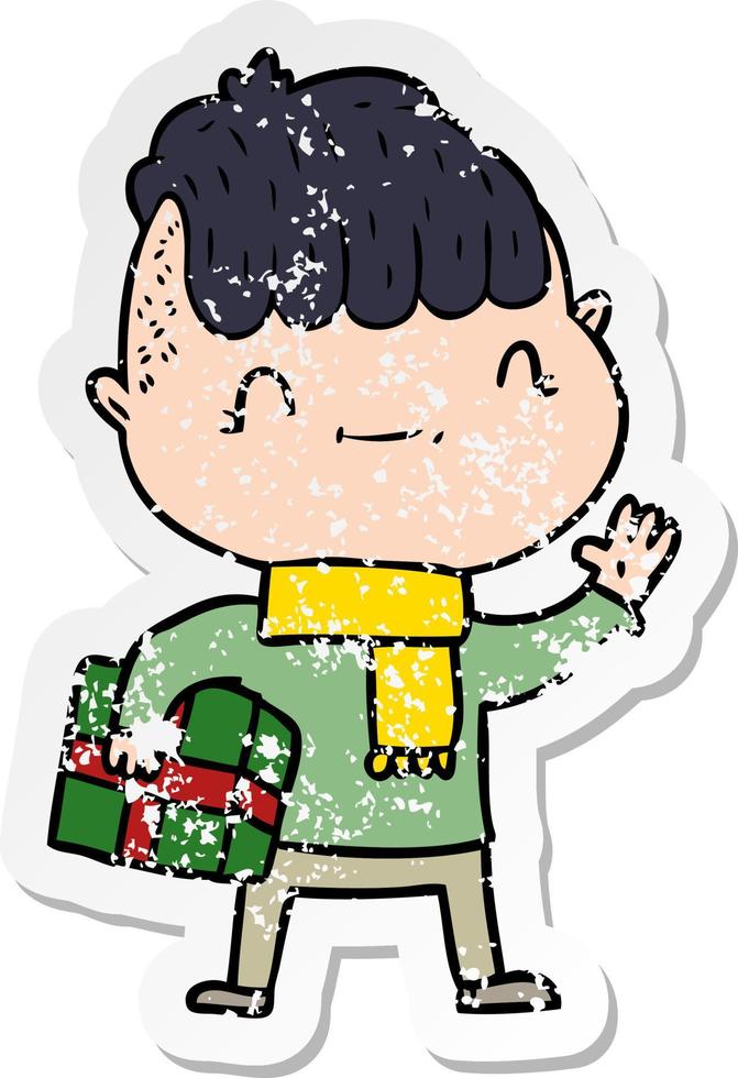 distressed sticker of a cartoon friendly boy with christmas present vector