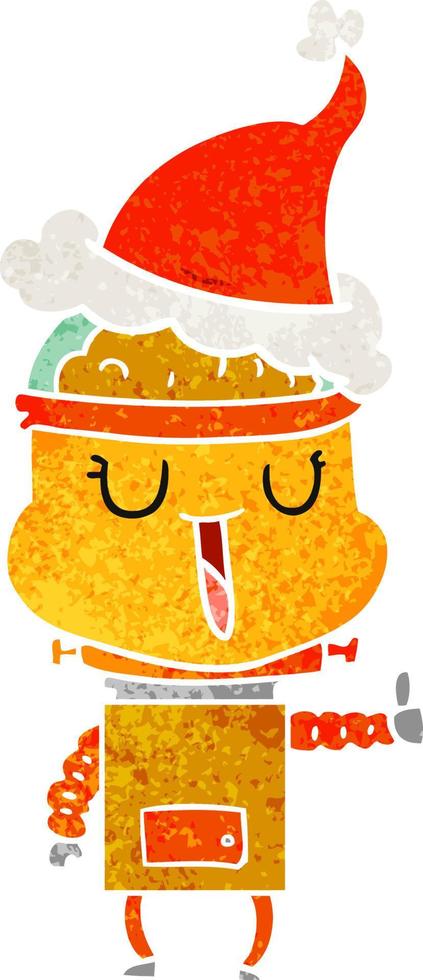 happy retro cartoon of a robot wearing santa hat vector