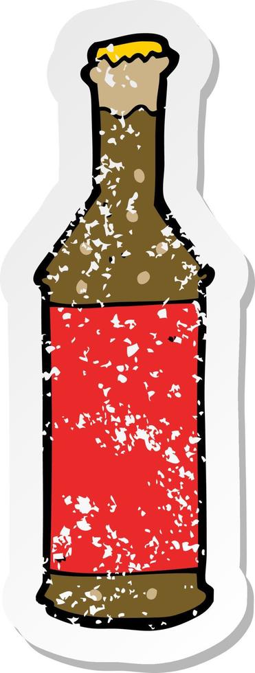 retro distressed sticker of a cartoon beer bottle vector