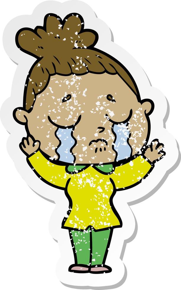 distressed sticker of a cartoon crying woman vector