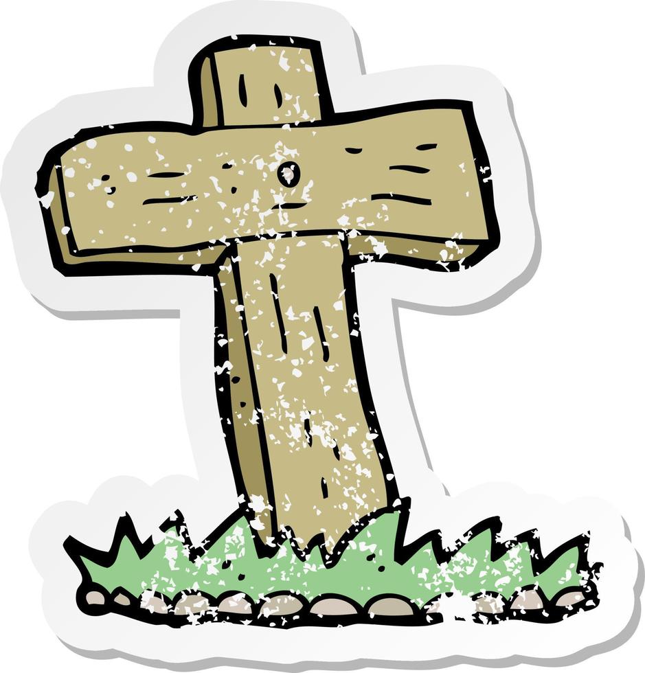 retro distressed sticker of a cartoon wooden cross grave vector