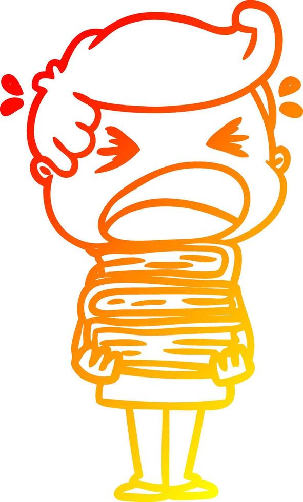 warm gradient line drawing cartoon shouting man with stack of books vector