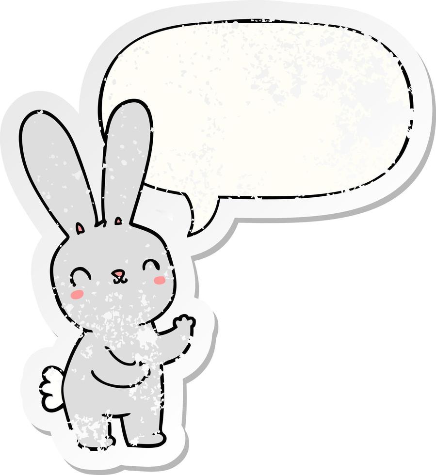 cute cartoon rabbit and speech bubble distressed sticker vector
