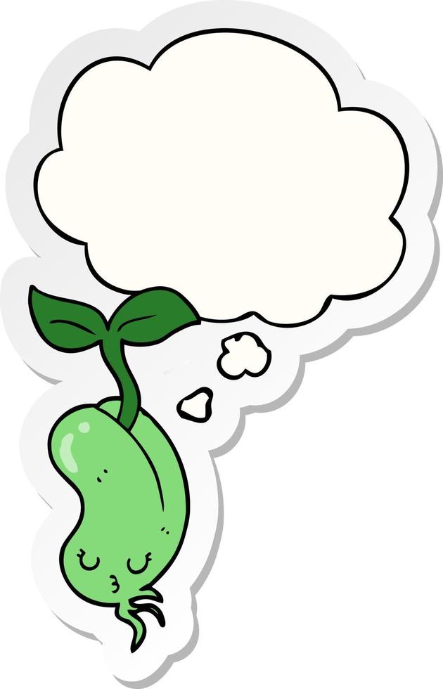 cartoon sprouting bean and thought bubble as a printed sticker vector