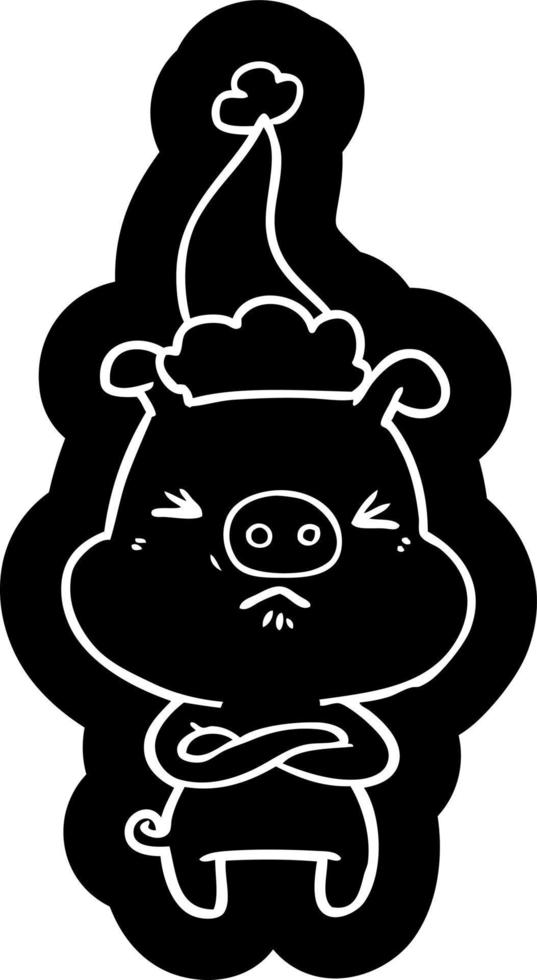 cartoon icon of a angry pig wearing santa hat vector