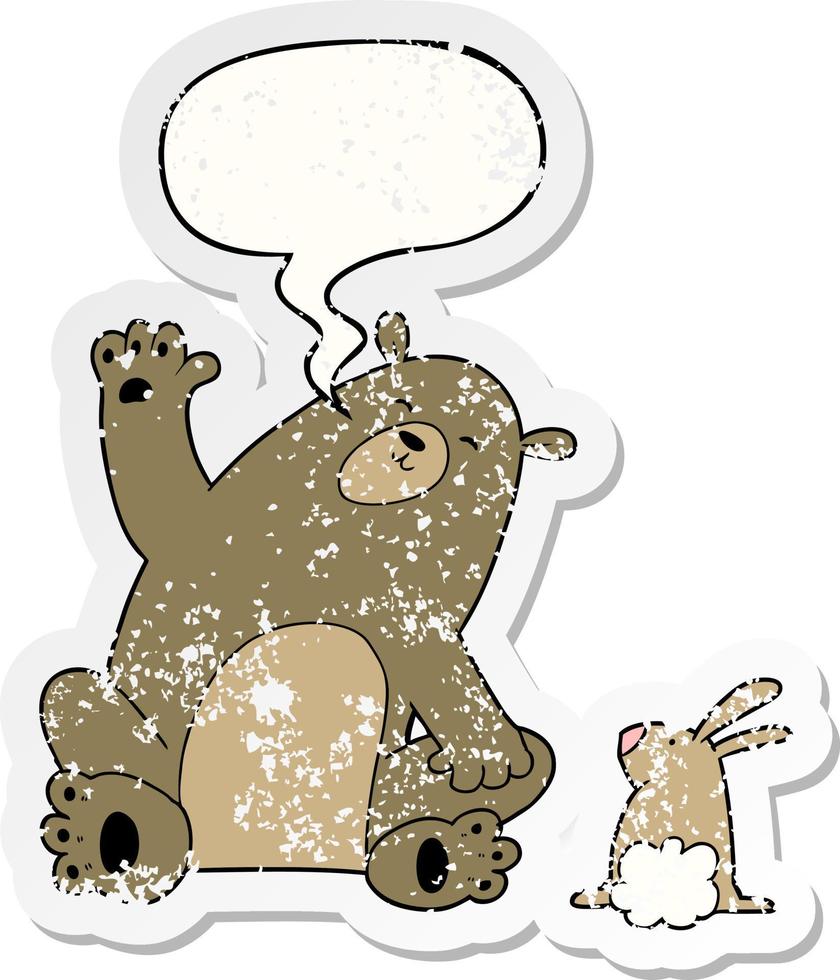 cartoon bear and rabbit friends and speech bubble distressed sticker vector