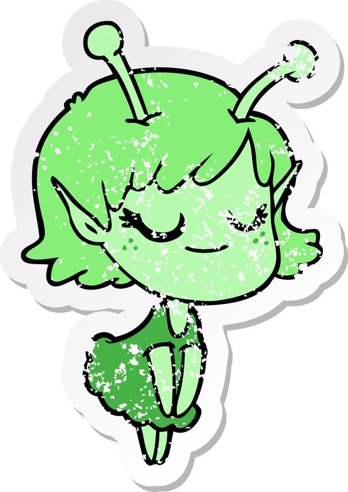 distressed sticker of a smiling alien girl cartoon vector