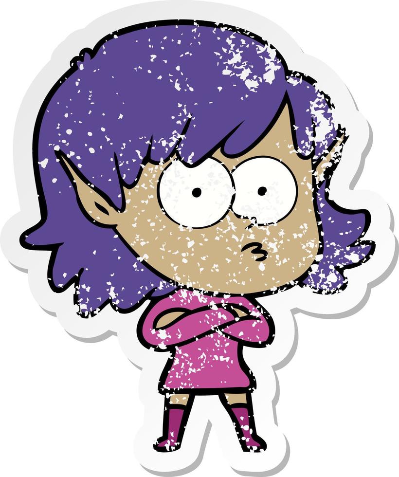 distressed sticker of a cartoon elf girl staring vector