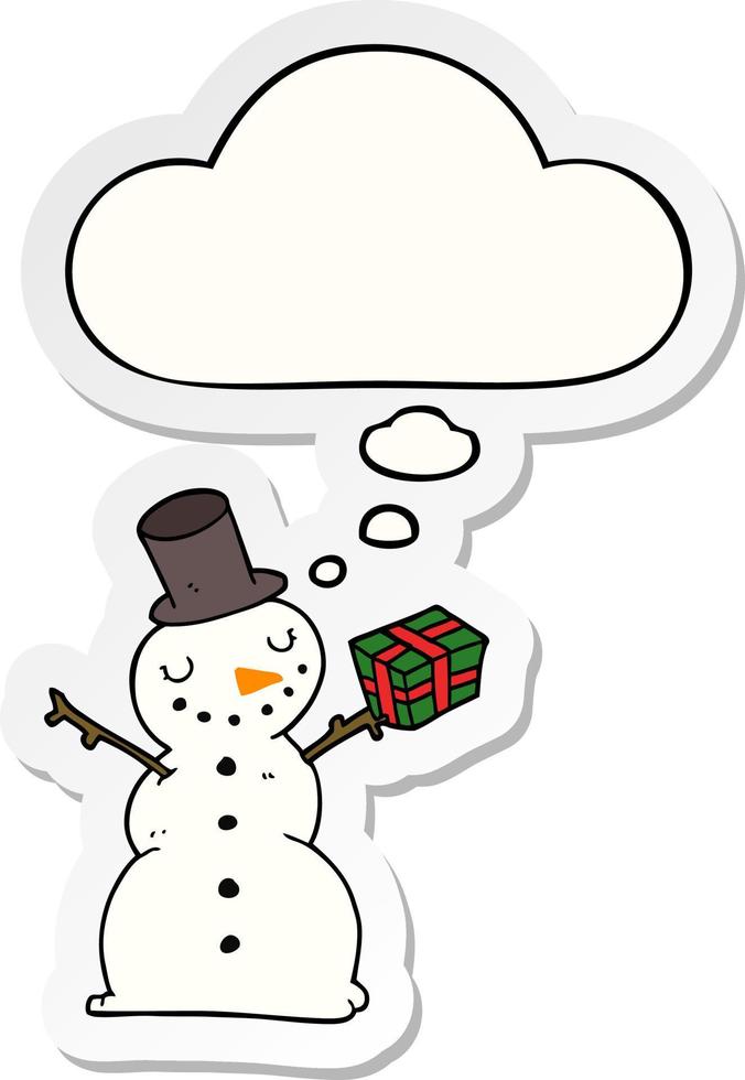 cartoon snowman and thought bubble as a printed sticker vector