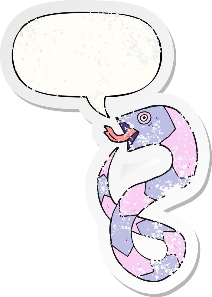 hissing cartoon snake and speech bubble distressed sticker vector