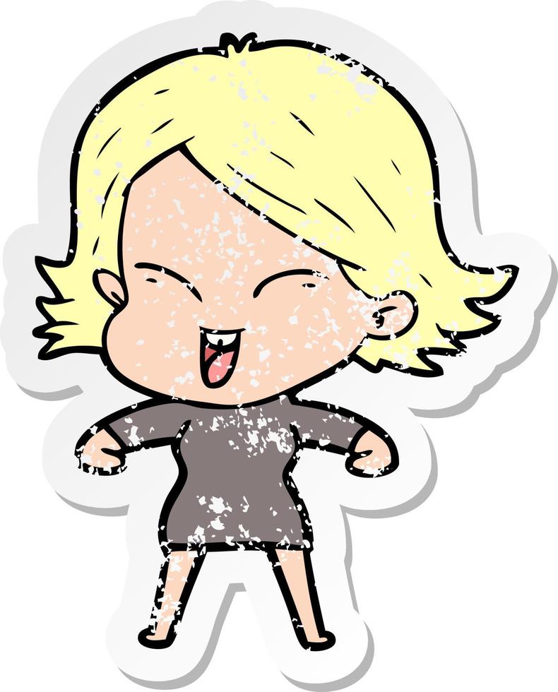 distressed sticker of a happy cartoon girl vector