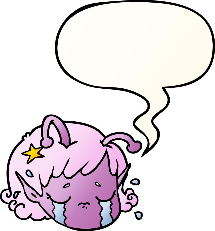 cartoon alien space girl face crying and speech bubble in smooth gradient style vector