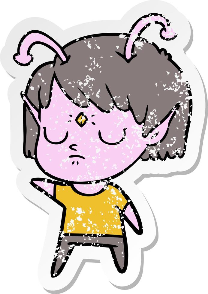 distressed sticker of a cartoon alien girl vector