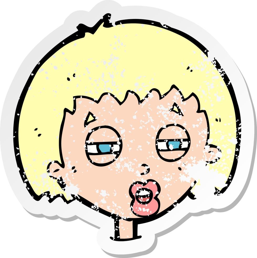 retro distressed sticker of a cartoon woman narrowing eyes vector