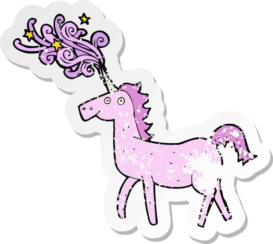 retro distressed sticker of a cartoon magical unicorn vector