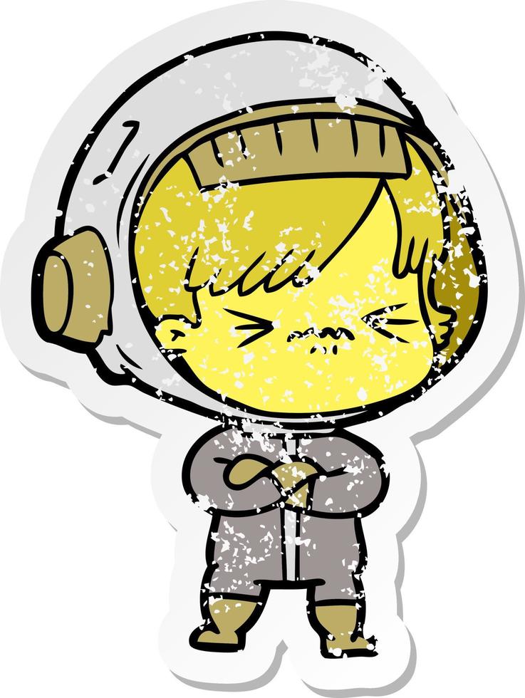 distressed sticker of a angry cartoon space girl vector