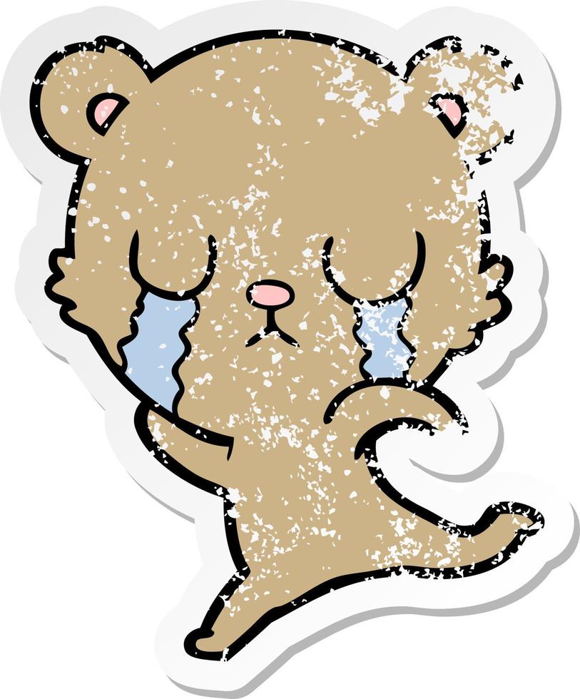 distressed sticker of a crying cartoon bear running away vector