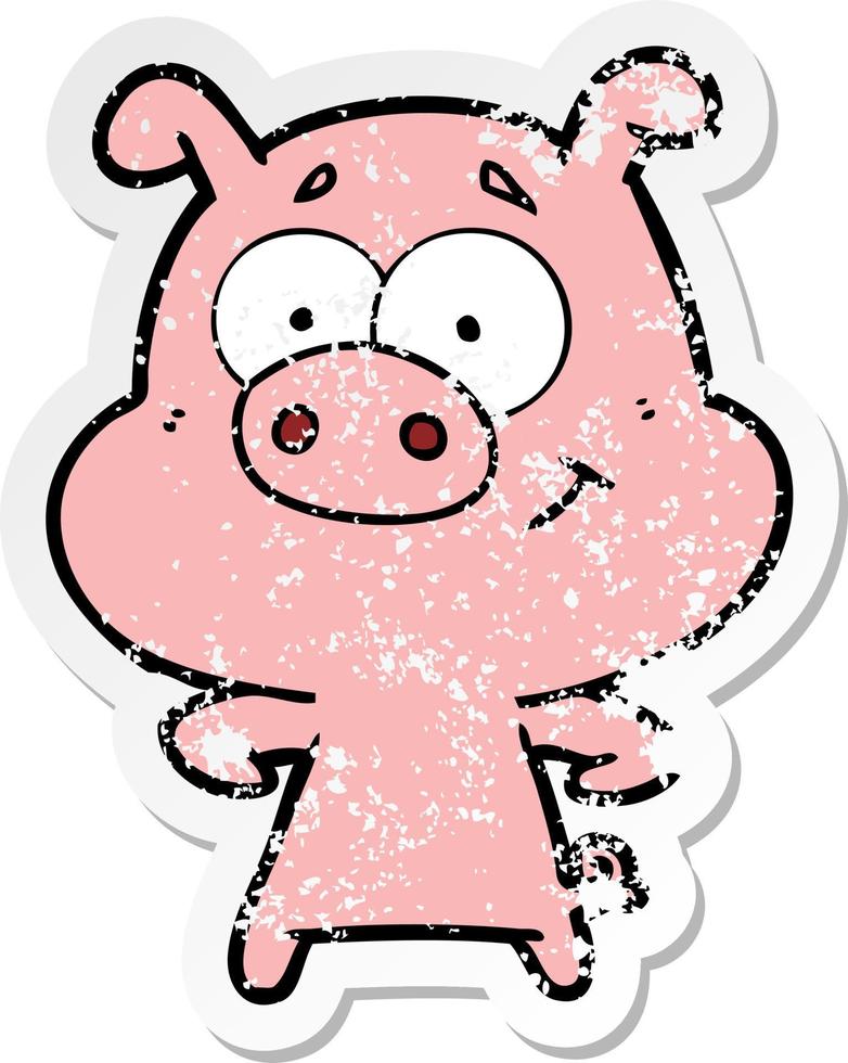 distressed sticker of a happy cartoon pig vector