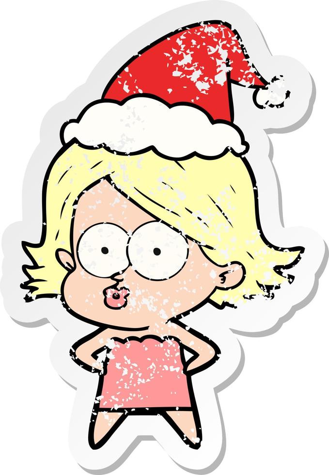 distressed sticker cartoon of a girl pouting wearing santa hat vector