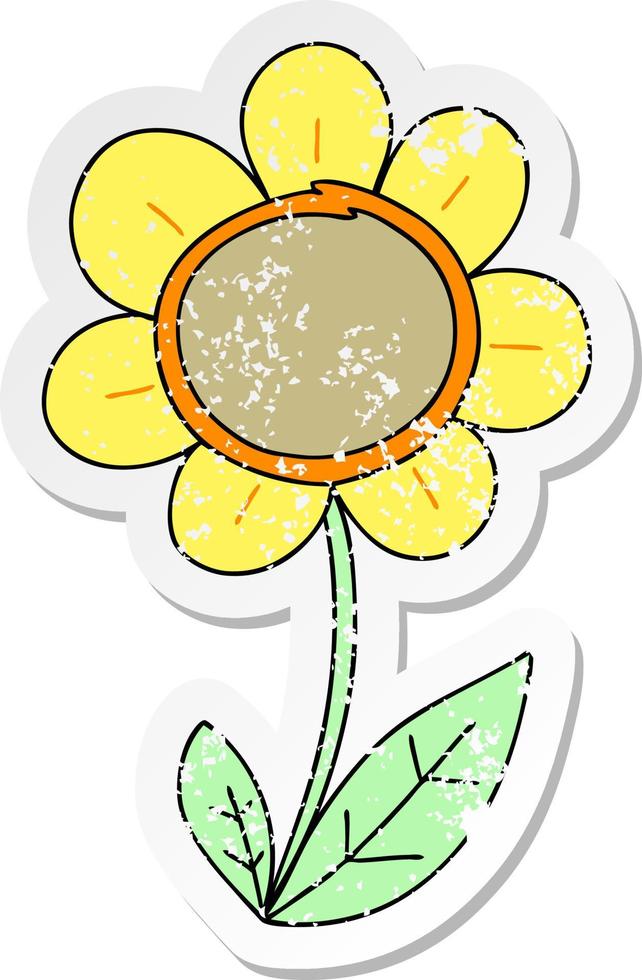 distressed sticker of a quirky hand drawn cartoon daisy vector