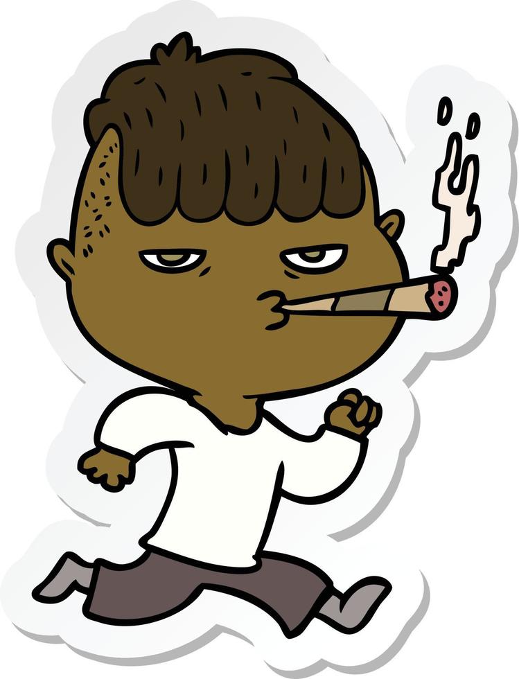 sticker of a cartoon man smoking whilst running vector