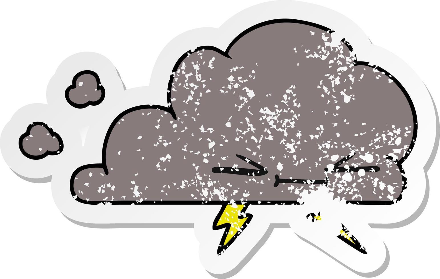 distressed sticker cartoon of a grumpy lightening cloud vector