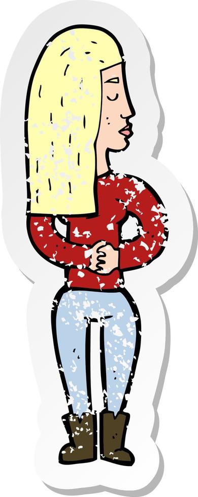 retro distressed sticker of a cartoon woman ignoring vector
