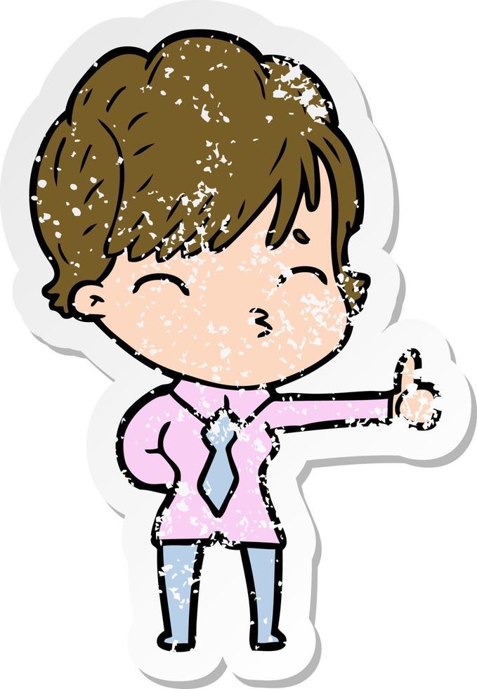 distressed sticker of a cartoon woman thinking vector