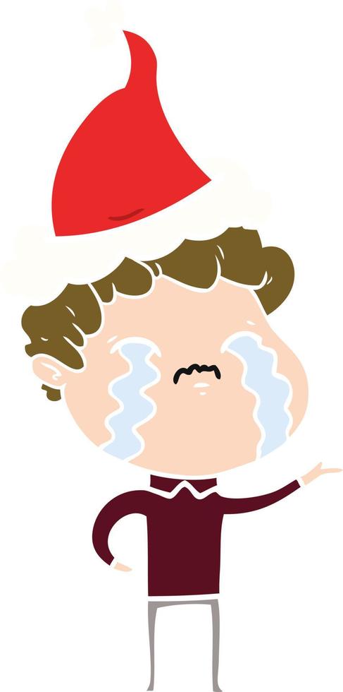 flat color illustration of a man crying wearing santa hat vector
