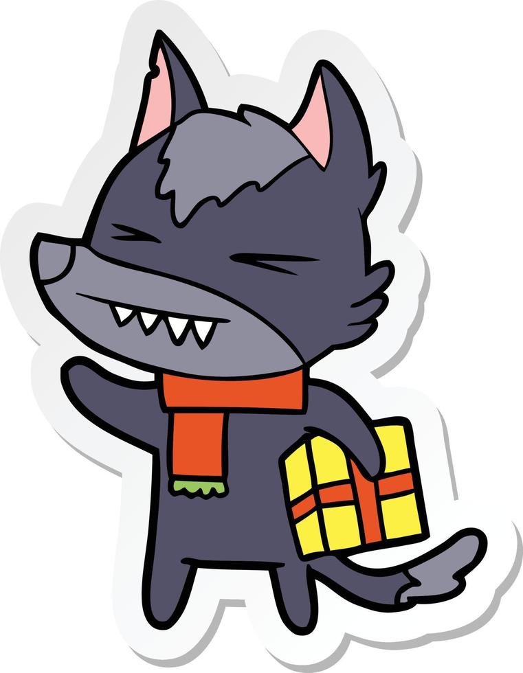 sticker of a angry christmas wolf cartoon vector