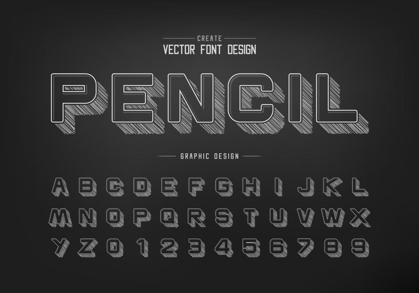 Pencil sketch shadow font and round alphabet vector, Chalk design typeface letter and number vector