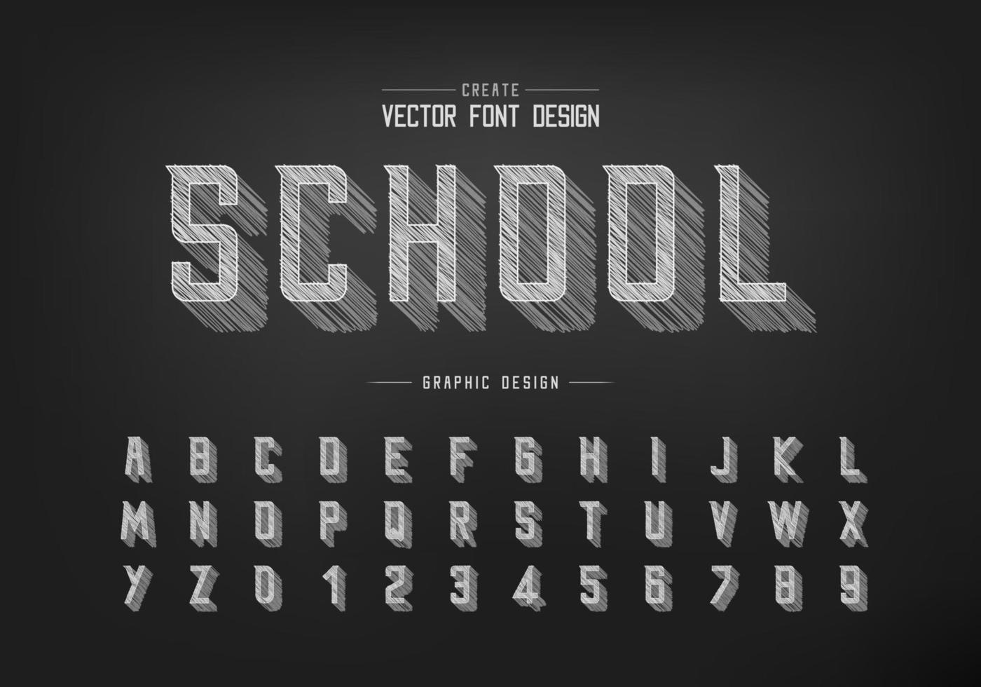 fuente de sombra de tiza y vector alfabético, tipografía moderna de boceto a lápiz y diseño de números de letras