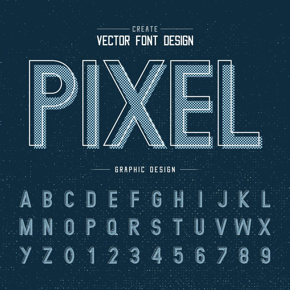 fuente y vector alfabético, diseño de letras de píxeles y textura gráfica sobre fondo azul oscuro