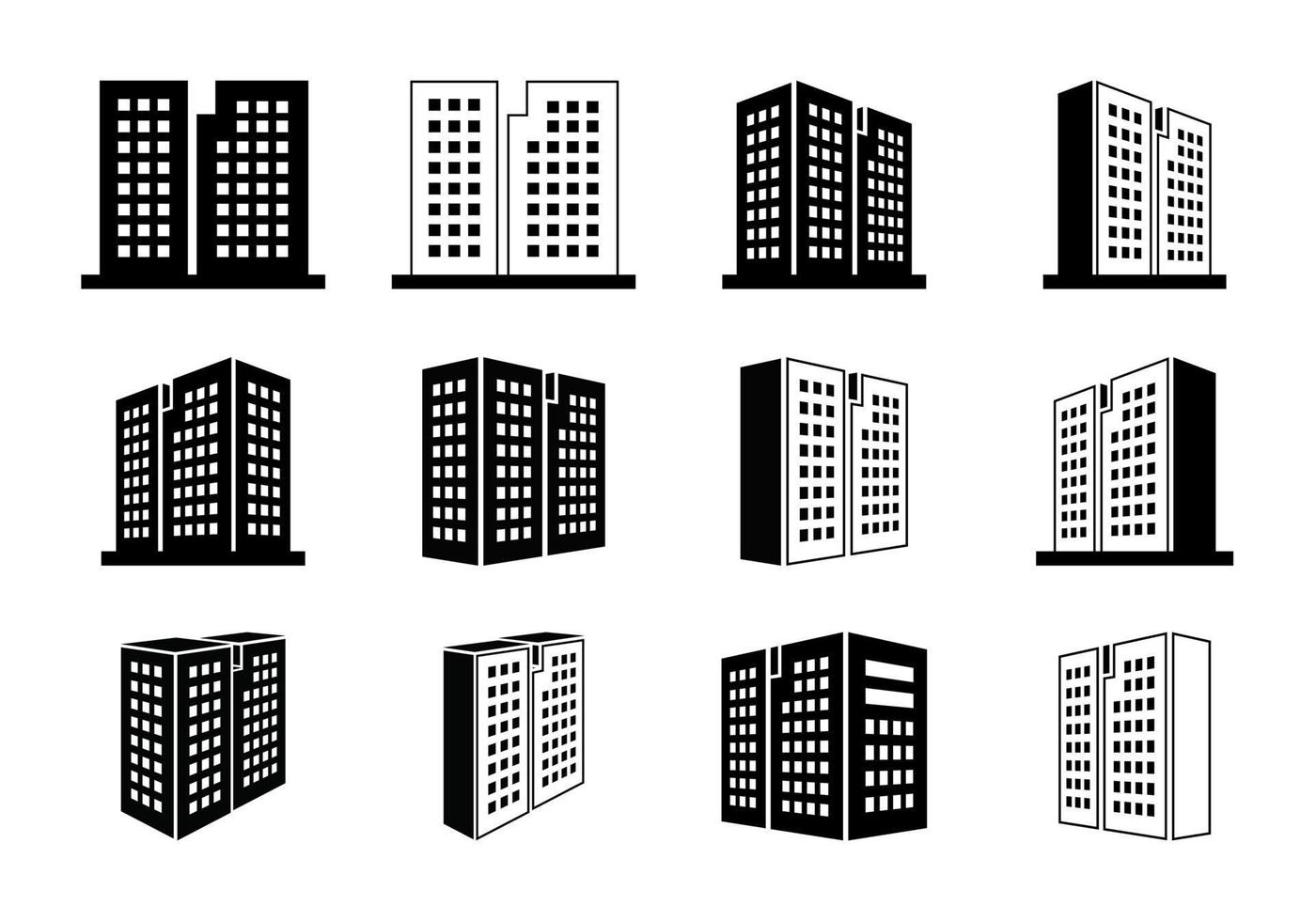 icono de construcción de la empresa sobre fondo blanco, colección de vectores de banco de perspectiva, condominio de hotel de línea negra