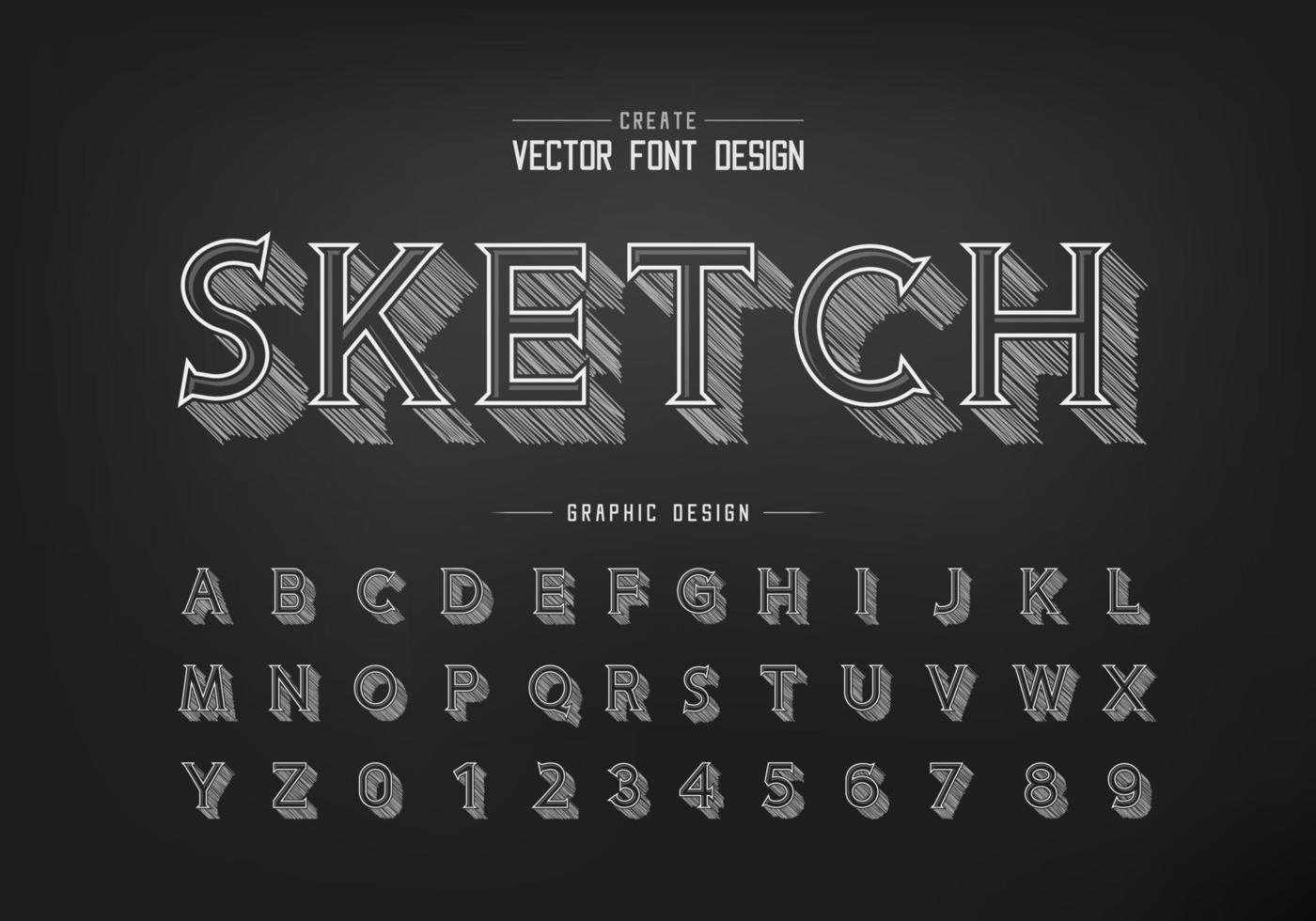 fuente de sombra de boceto a lápiz y vector alfabético, letra tipográfica de idea de tiza y diseño de números