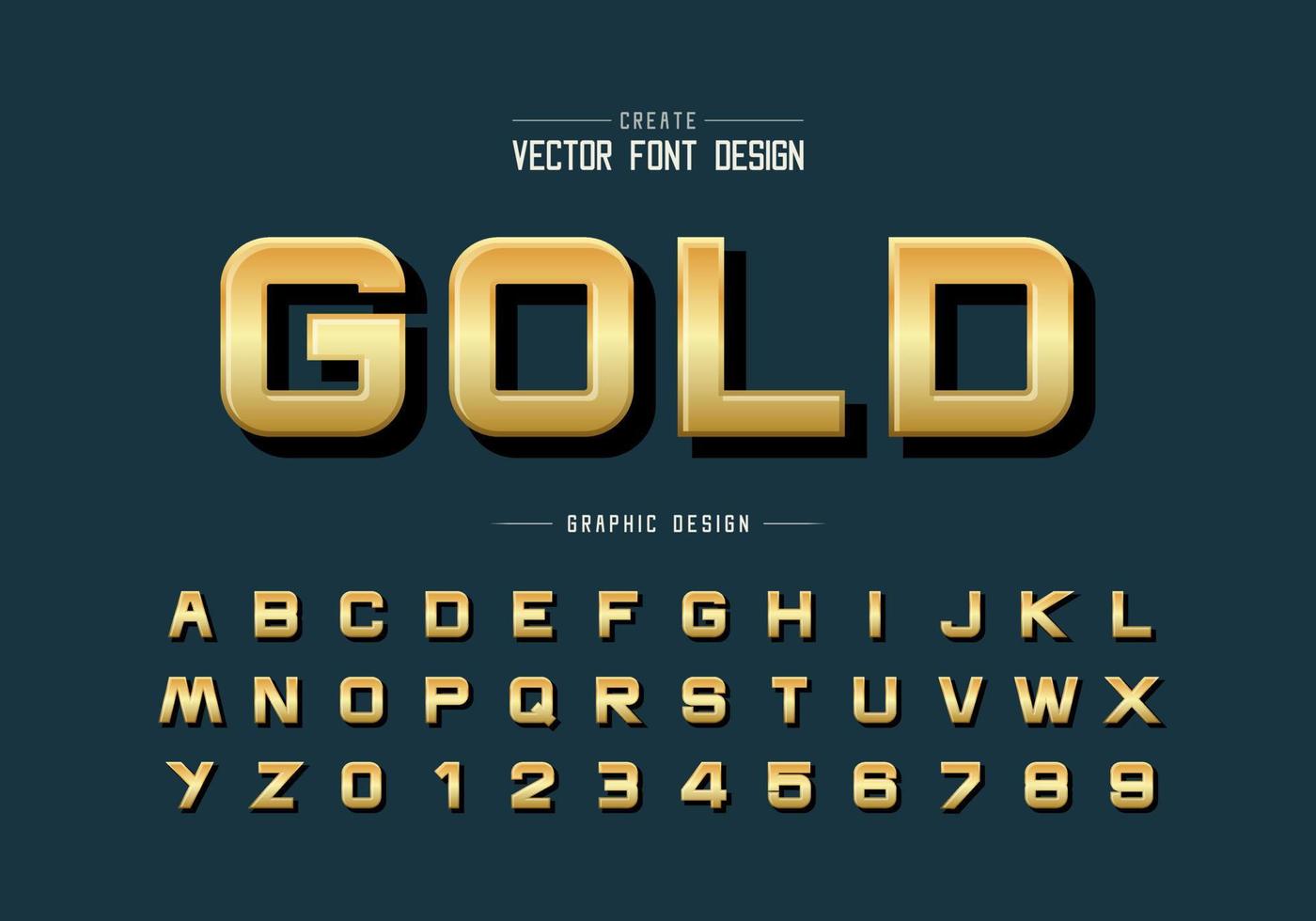 fuente dorada y vector alfabético, letra y número de tipografía de diseño dorado