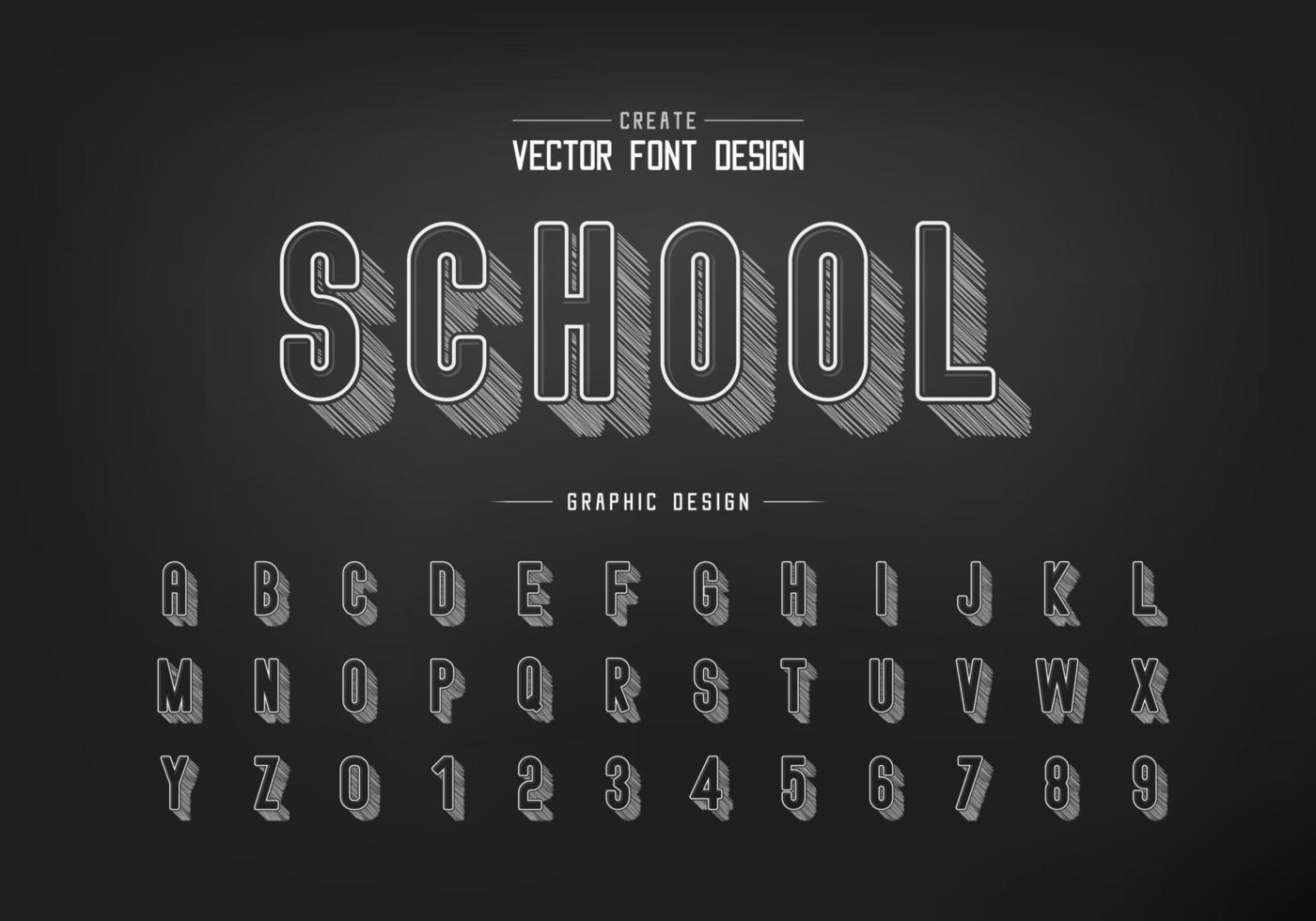sombra de boceto a lápiz fuente redonda y vector alfabético, tipo de letra de tiza y diseño de números